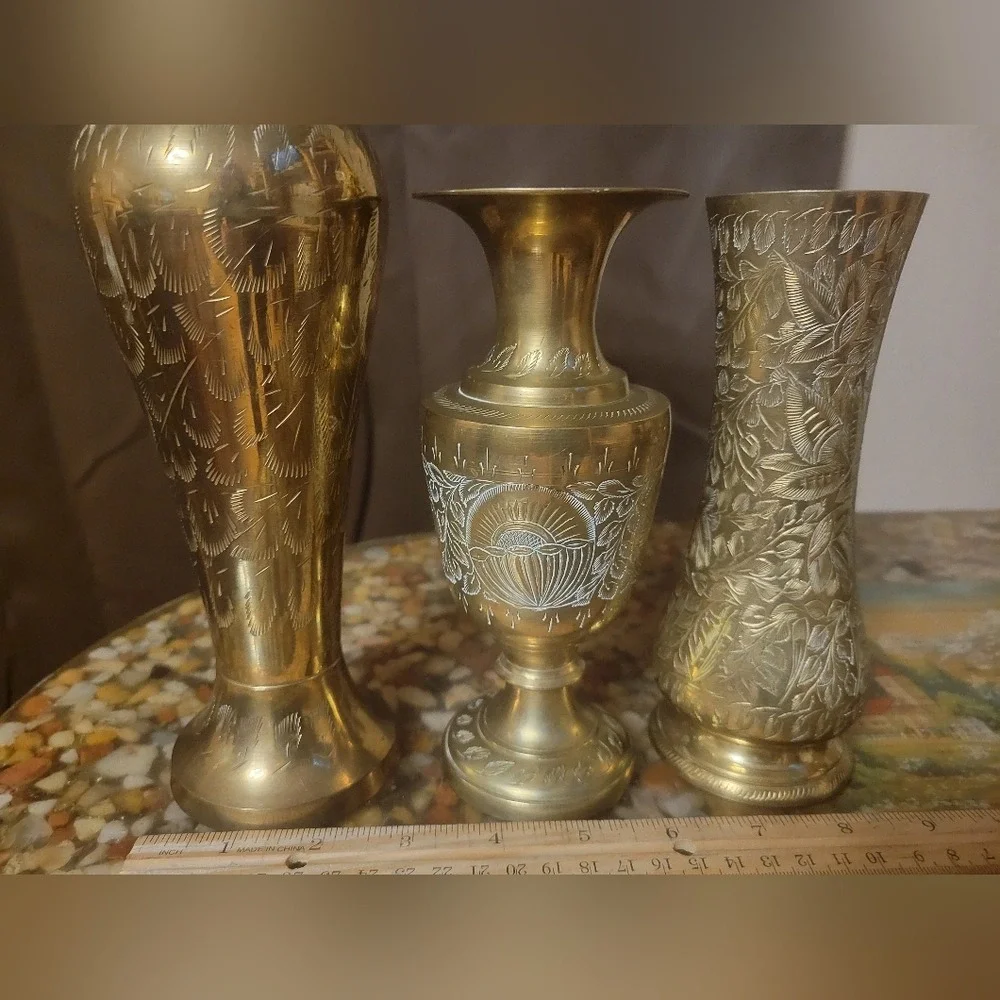set‎ of 3 brass vase etched ingraved handcrafted India 12